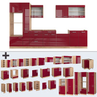 Vicco Cucina componibile Rosso lucido/rovere dorato 350 cm con armadio alto, PL Marmo