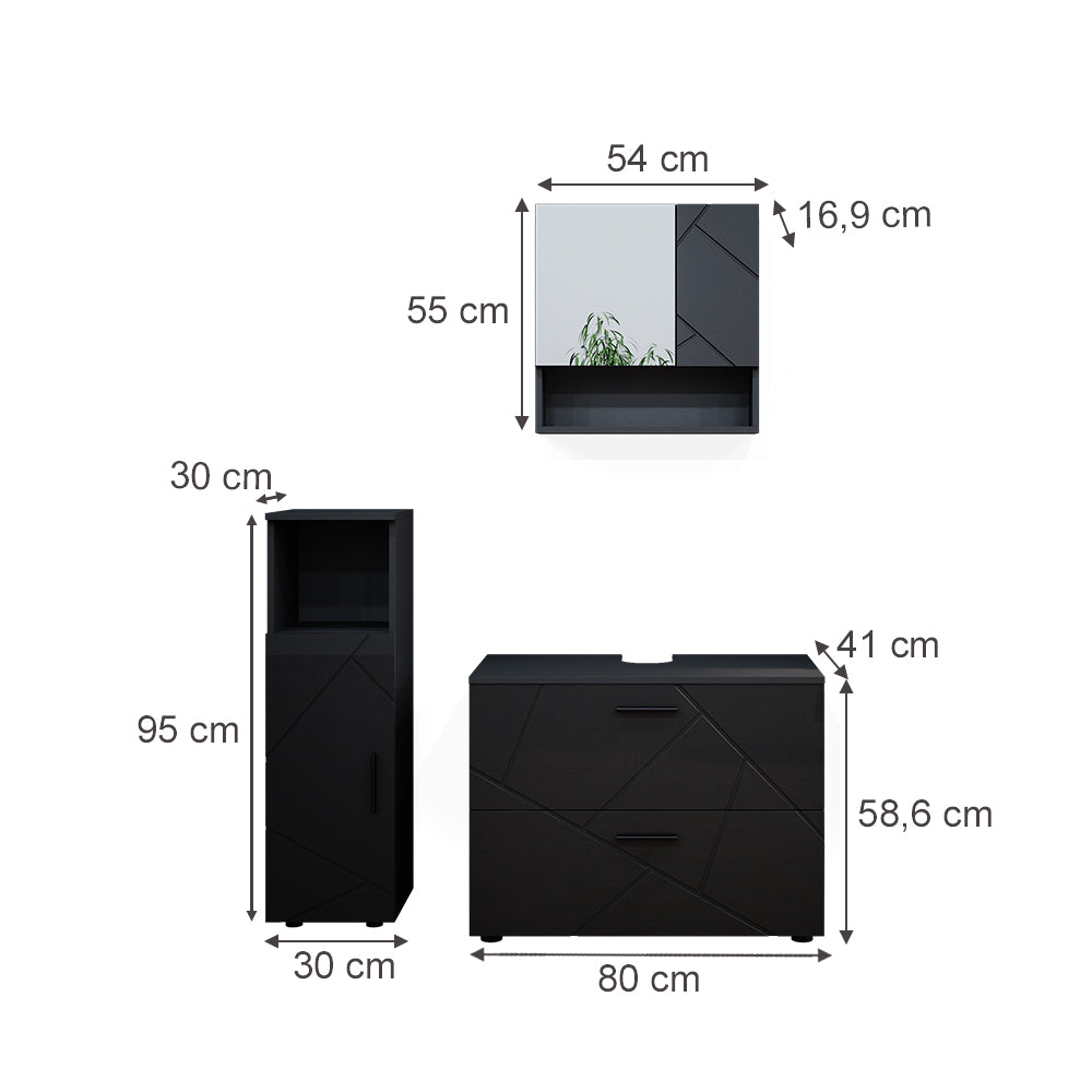 Vicco Set mobili bagno Antracite lucido 3 parti, con mobile midi