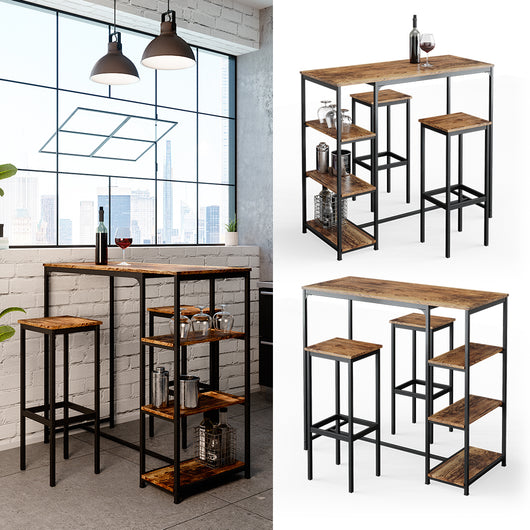 Vicco Tavolo bar con sgabelli Legno antico 120 x 50 cm con ripiani e 2 sgabelli da bar