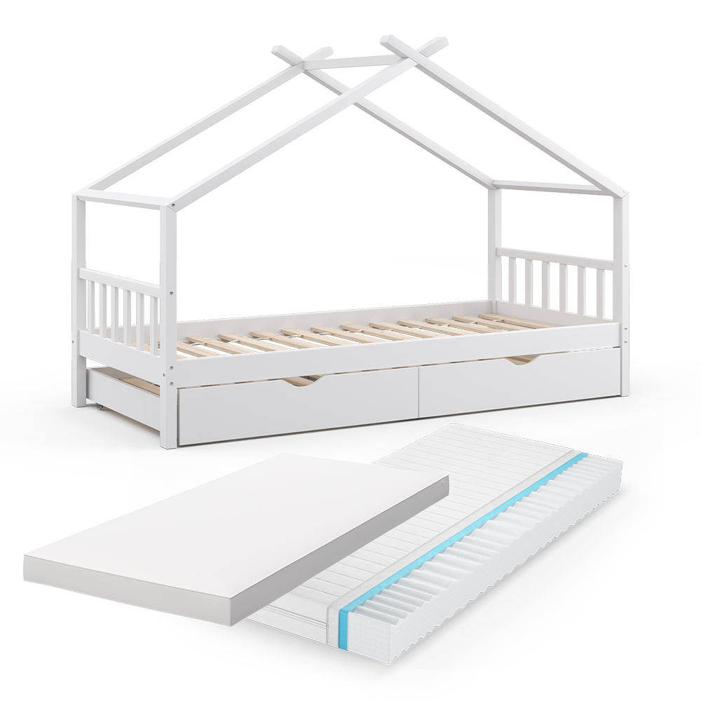 Vitalispa Letto montessori bambini Bianco 90x200 cm con letto per ospiti e 2 materassi