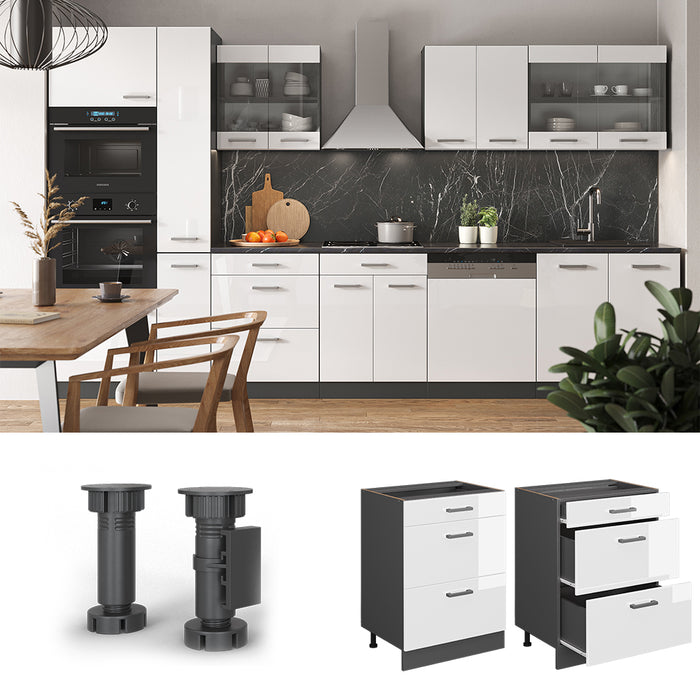 Vicco Mobiletto base per cucina Bianco lucido 60 cm con cassetti, senza piano di lavoro