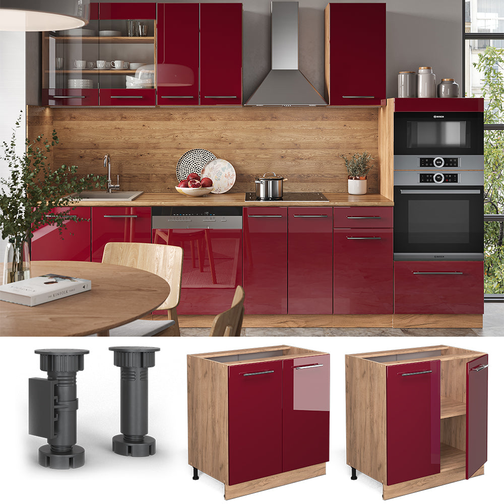 Vicco Mobiletto base cucina Rosso bordeaux lucido 80 cm con ripiano, PL Rovere