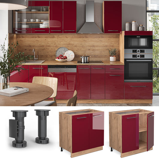 Vicco Mobiletto base cucina Rosso bordeaux lucido 80 cm con ripiano, senza piano di lavoro