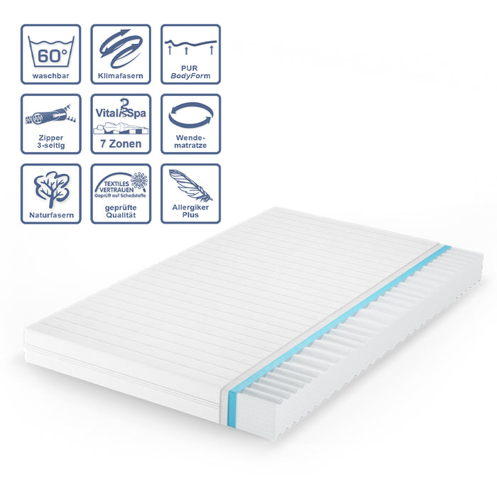 Vitalispa Materasso in schiuma fredda Bianco 140 x 200 cm H3 grado di durezza, 7 zone