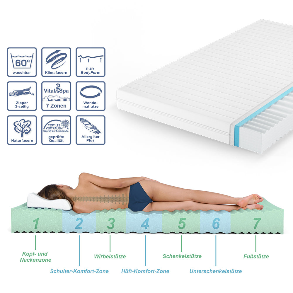 Vitalispa Materasso in schiuma fredda Bianco 140 x 200 cm H3 grado di durezza, 7 zone