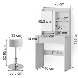 Vicco Tavolo da toeletta Bianco 70 cm con sgabello
