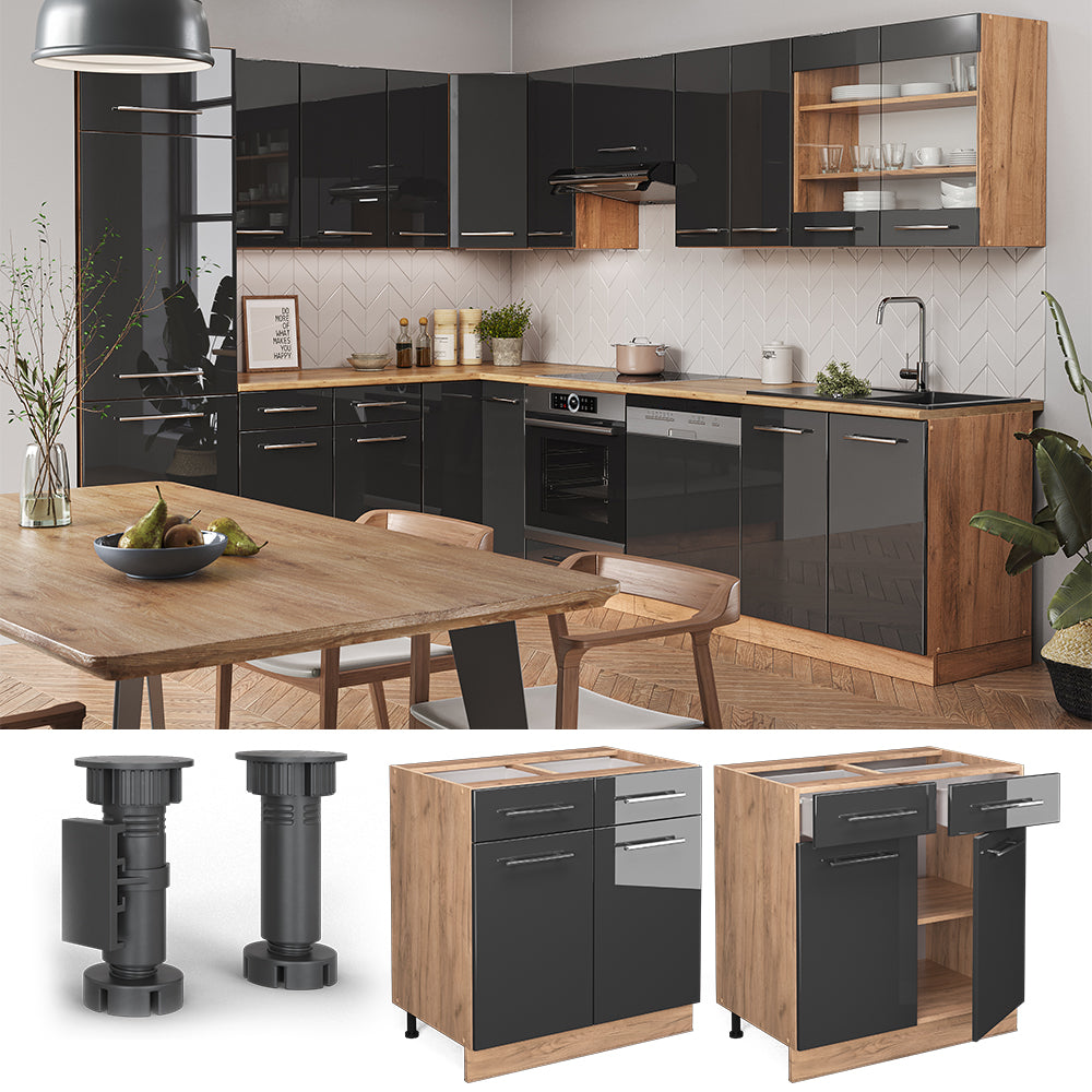 Vicco Mobiletto base per cucina Antracite lucido 80 cm con cassetto, senza piano di lavoro