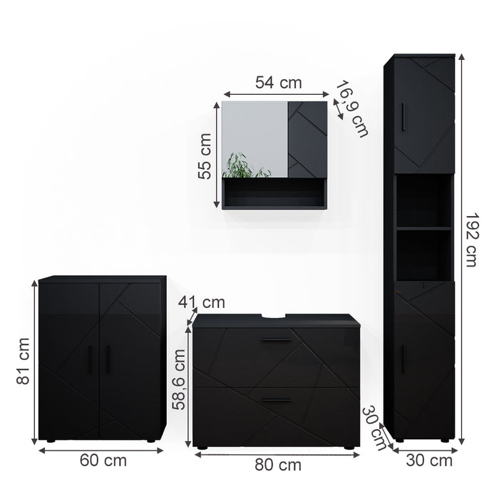 Vicco Set mobili bagno Antracite lucido 4 pezzi, con cassettiera e mobile midi