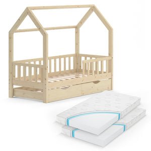 Vitalispa Letto montessori bambini Legno naturale 80x160 cm con letto per ospiti e 2 materassi