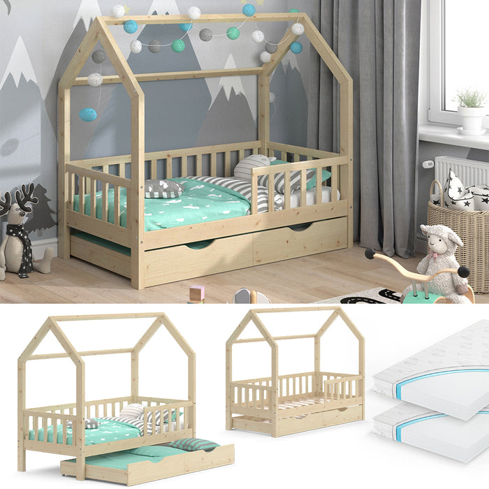 Vitalispa Letto montessori bambini Legno naturale 80x160 cm con letto per ospiti e 2 materassi