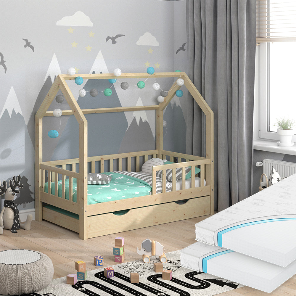 Vitalispa Letto montessori bambini Legno naturale 80x160 cm con letto per ospiti e 2 materassi