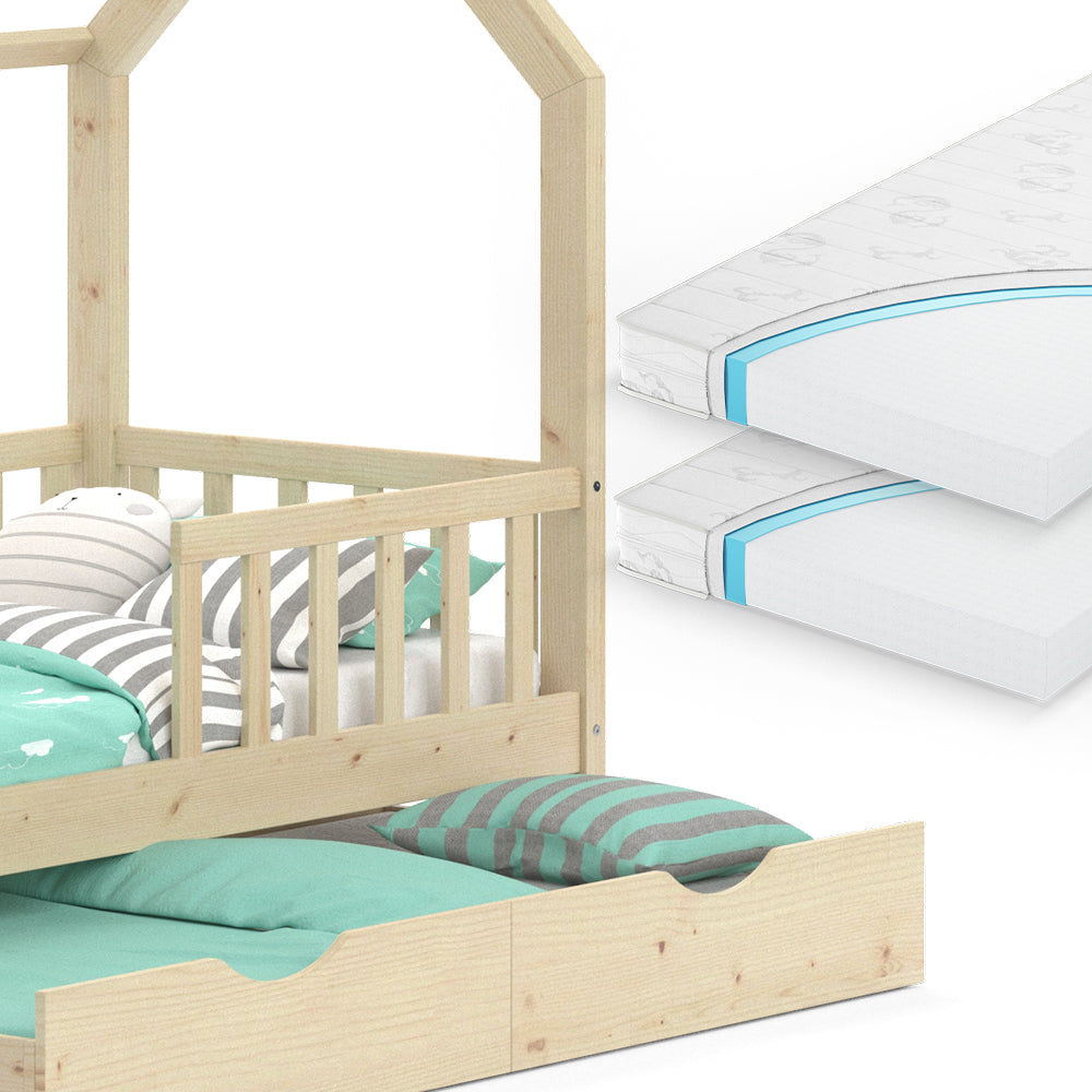 Vitalispa Letto montessori bambini Legno naturale 80x160 cm con letto per ospiti e 2 materassi