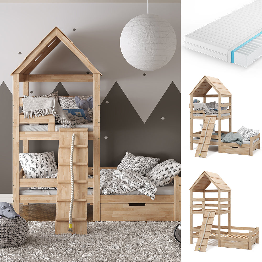Vitalispa Letto montessori bambini Legno naturale 90x200 cm con materasso e cassetto