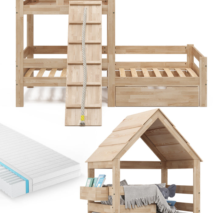 Vitalispa Letto montessori bambini Legno naturale 90x200 cm con materasso e cassetto