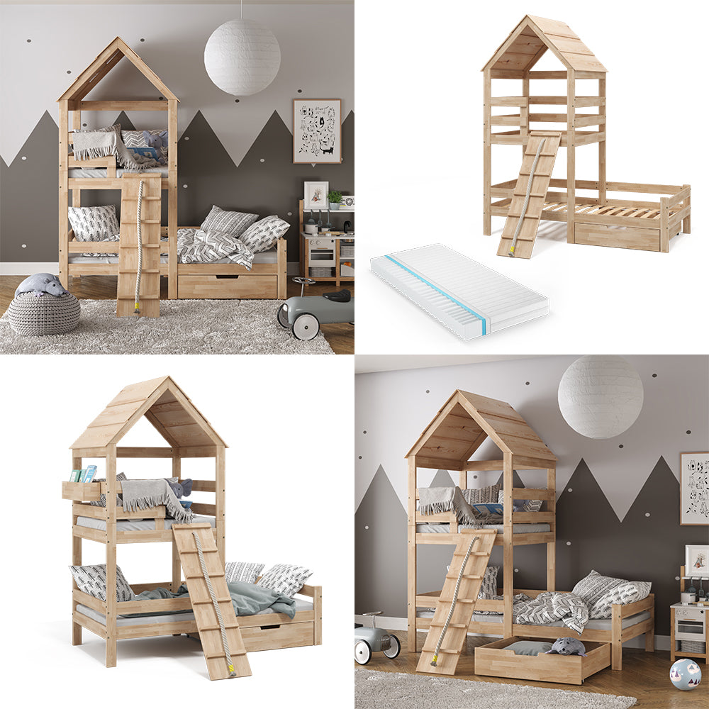 Vitalispa Letto montessori bambini Legno naturale 90x200 cm con materasso e cassetto