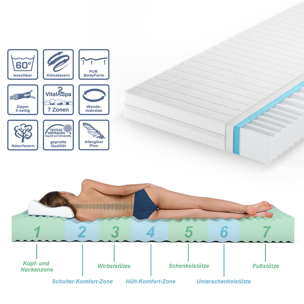 Vitalispa Materasso in schiuma fredda Bianco 100 x 200 cm H3 grado di durezza, 7 zone
