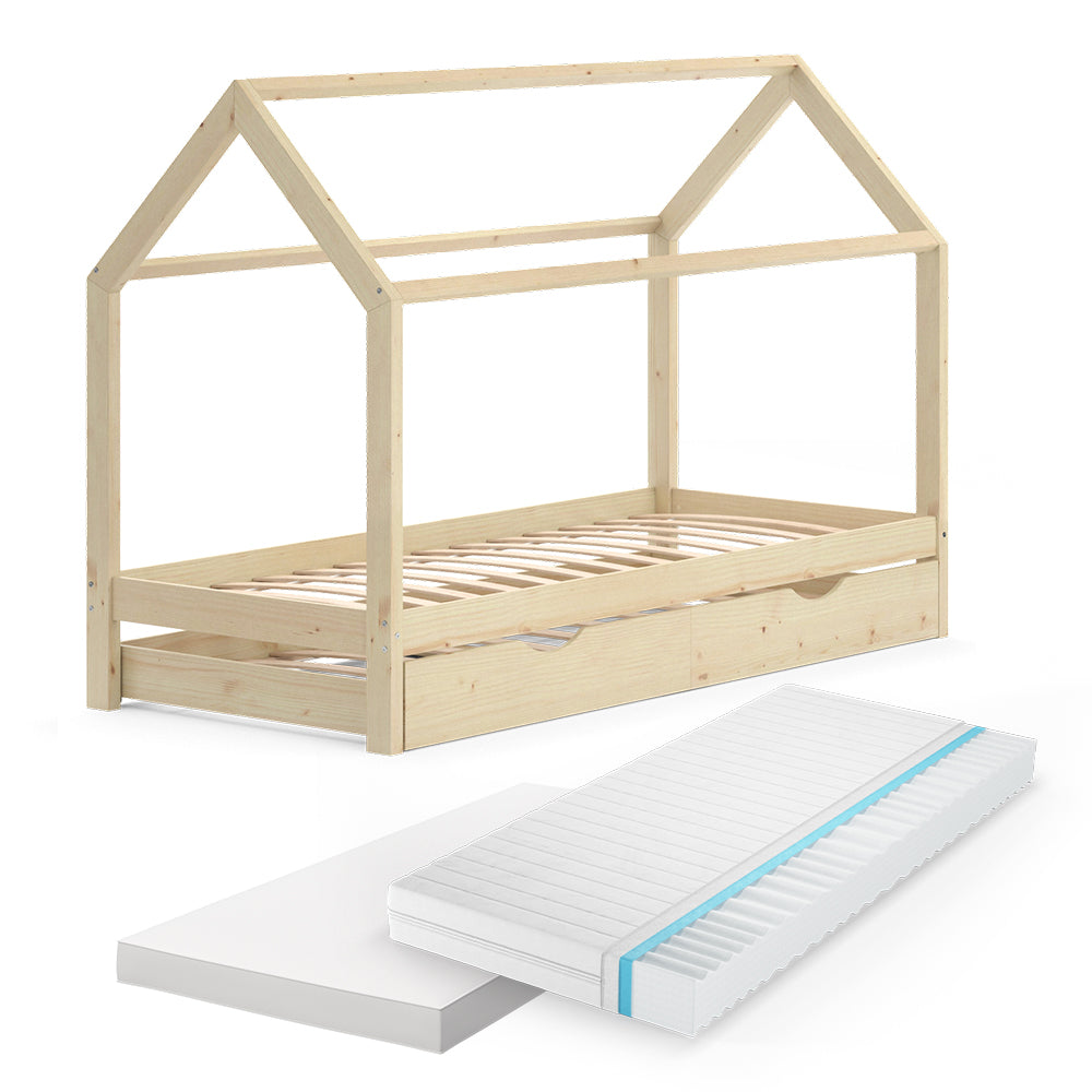 Vitalispa Letto montessori bambini Legno naturale 90x200 cm con letto per ospiti e 2 materassi