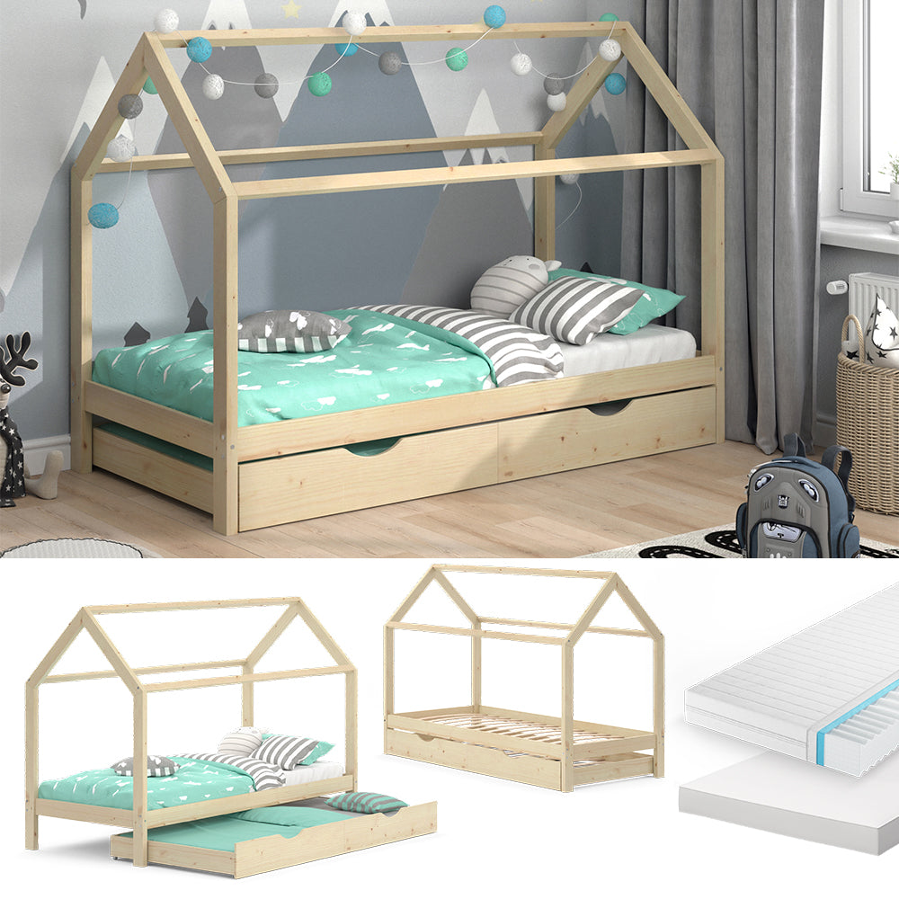 Vitalispa Letto montessori bambini Legno naturale 90x200 cm con letto per ospiti e 2 materassi