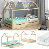 Vitalispa Letto montessori bambini Legno naturale 90x200 cm con letto per ospiti e 2 materassi