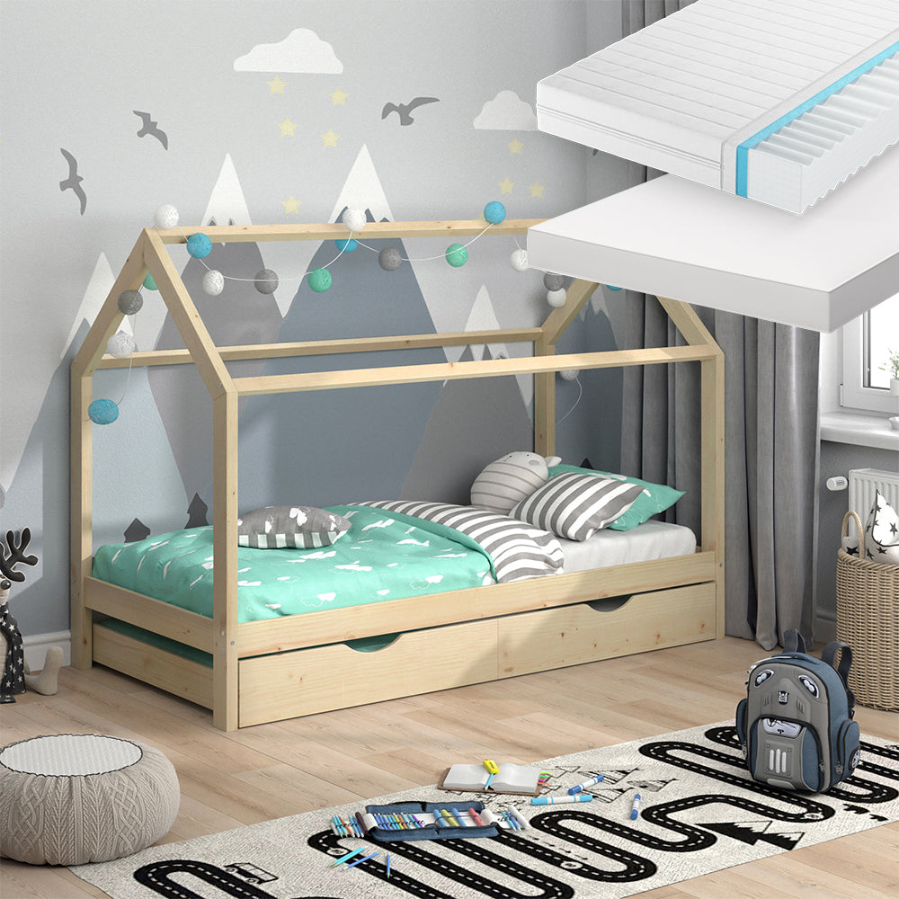 Vitalispa Letto montessori bambini Legno naturale 90x200 cm con letto per ospiti e 2 materassi