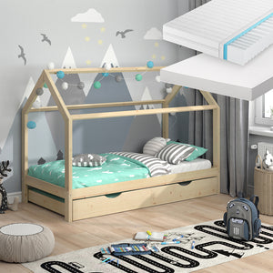 Vitalispa Letto montessori bambini Legno naturale 90x200 cm con letto per ospiti e 2 materassi