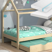 Vitalispa Letto montessori bambini Legno naturale 90x200 cm con letto per ospiti e 2 materassi