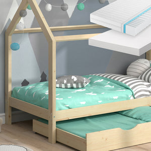 Vitalispa Letto montessori bambini Legno naturale 90x200 cm con letto per ospiti e 2 materassi