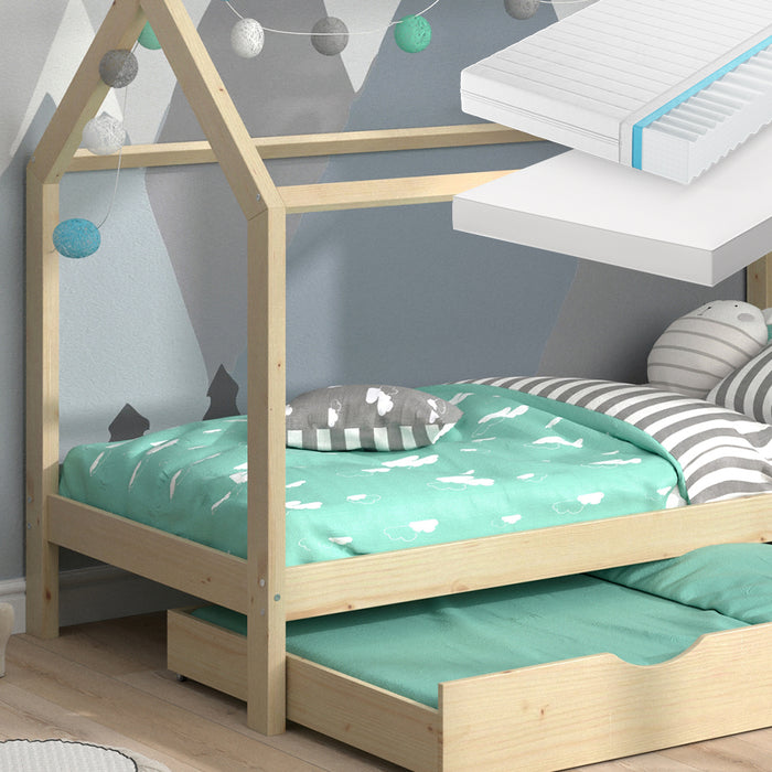 Vitalispa Letto montessori bambini Legno naturale 90x200 cm con letto per ospiti e 2 materassi