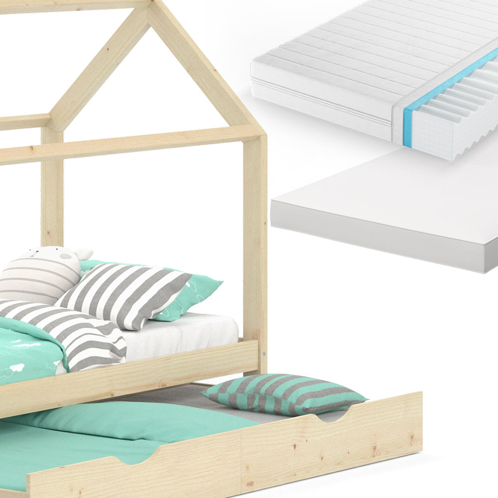 Vitalispa Letto montessori bambini Legno naturale 90x200 cm con letto per ospiti e 2 materassi