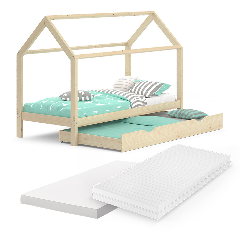 Vitalispa Letto montessori bambini Legno naturale 90x200 cm con letto per ospiti e 2 materassi