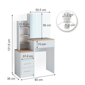 Vicco Tavolo da toeletta Bianco/Sonoma 36 cm con illuminazione a LED