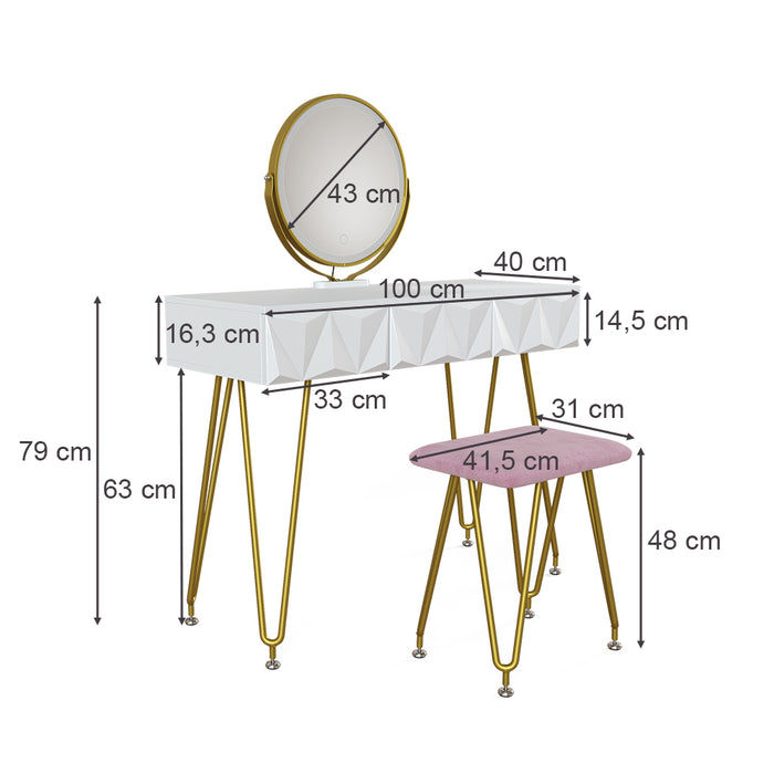 Vicco Tavolo da toeletta Bianco 100 cm con illuminazione LED e sgabello