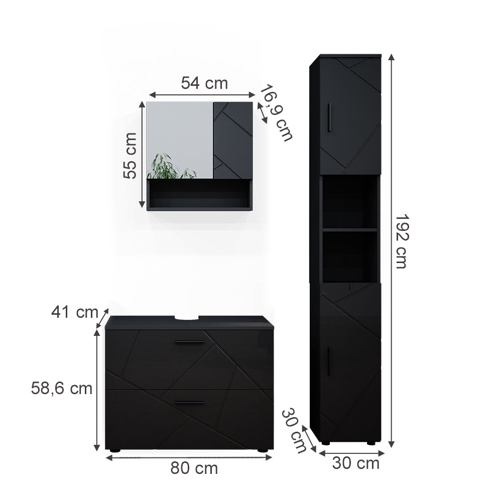 Vicco Set mobili bagno Antracite lucido 3 parti, con cassettiera e colonna