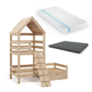 Vitalispa Letto montessori bambini Legno naturale 90x200 cm con 2 materassi e cassetto