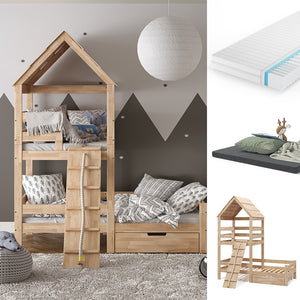 Vitalispa Letto montessori bambini Legno naturale 90x200 cm con 2 materassi e cassetto