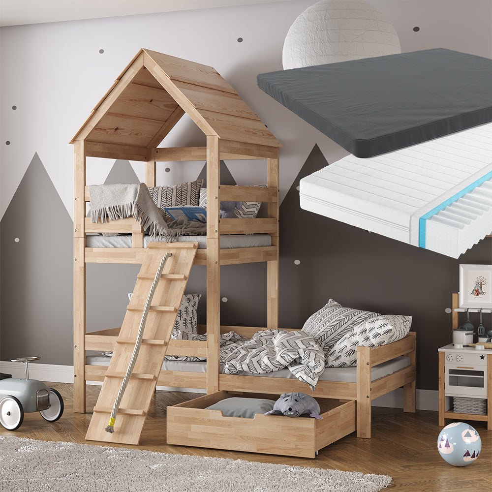 Vitalispa Letto montessori bambini Legno naturale 90x200 cm con 2 materassi e cassetto