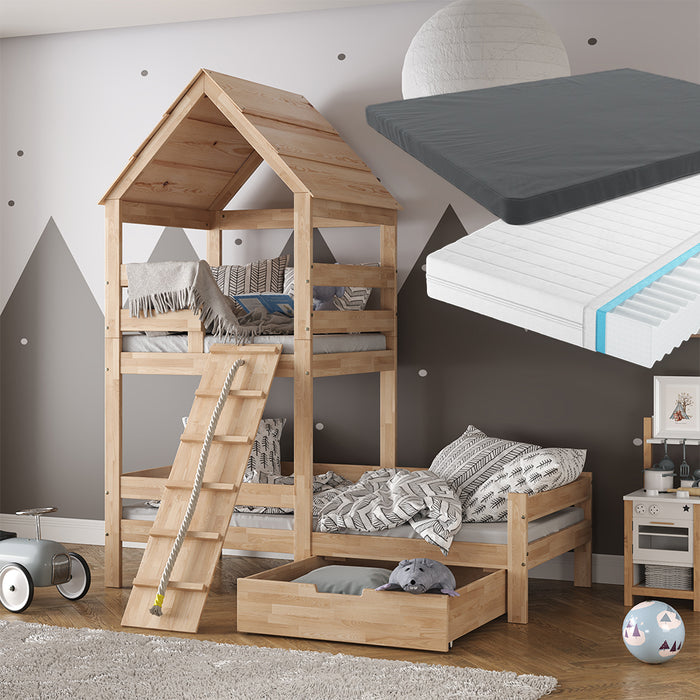 Vitalispa Letto montessori bambini Legno naturale 90x200 cm con 2 materassi e cassetto