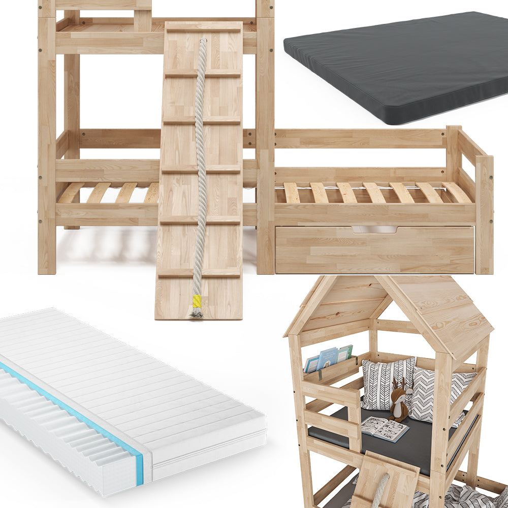 Vitalispa Letto montessori bambini Legno naturale 90x200 cm con 2 materassi e cassetto