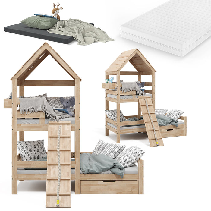 Vitalispa Letto montessori bambini Legno naturale 90x200 cm con 2 materassi e cassetto