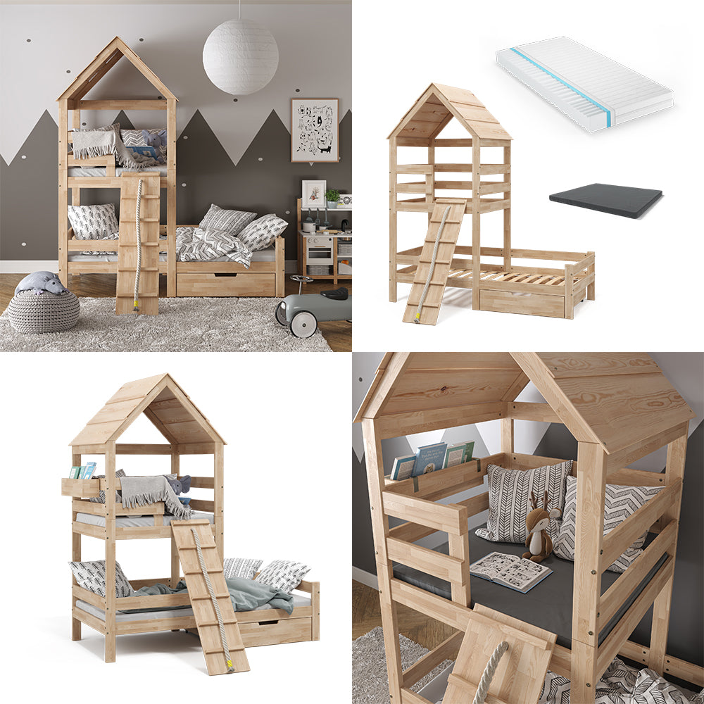 Vitalispa Letto montessori bambini Legno naturale 90x200 cm con 2 materassi e cassetto
