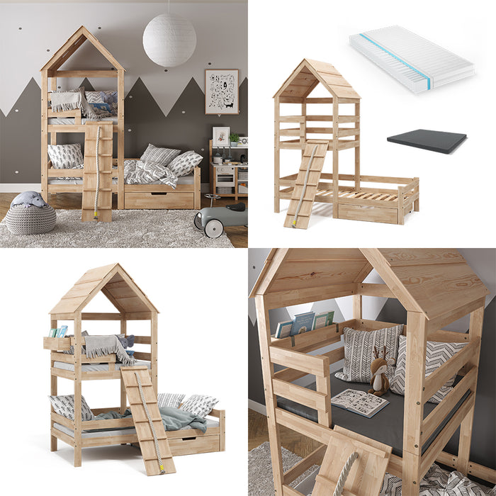 Vitalispa Letto montessori bambini Legno naturale 90x200 cm con 2 materassi e cassetto