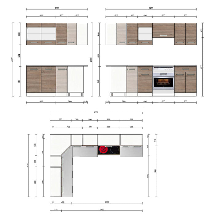 Vicco Cucina ad angolo Bianco/Sonoma 247 x 167 cm , PL Marmo con striscia LED