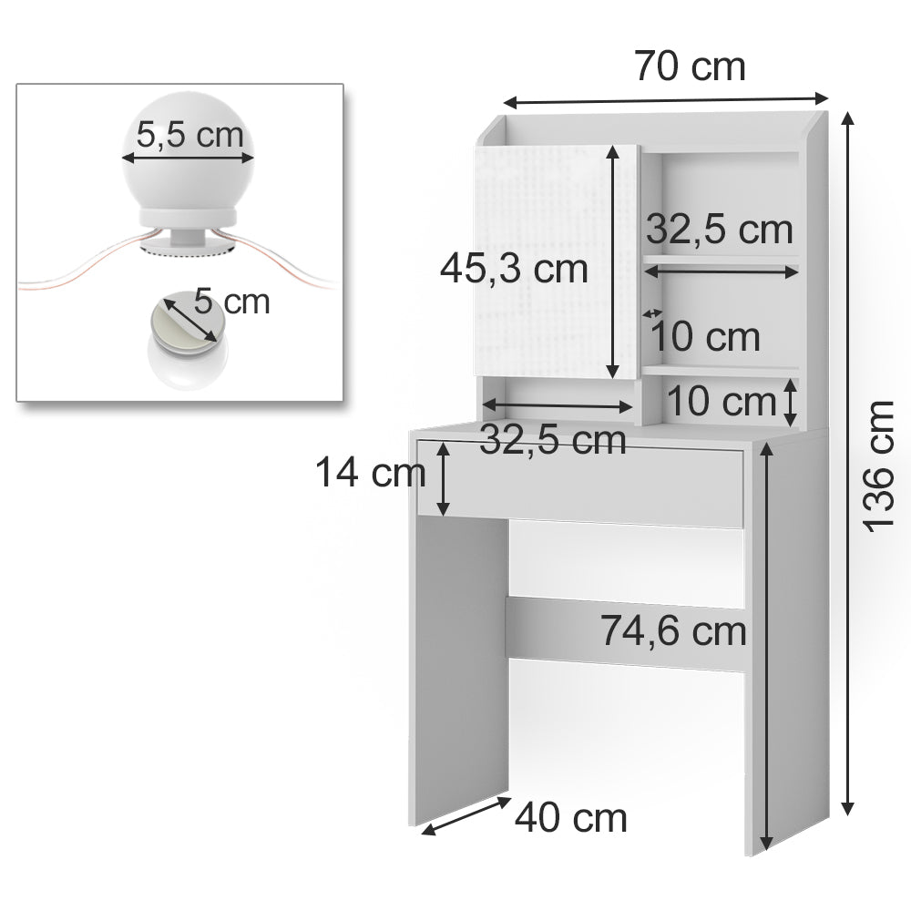 Vicco Tavolo da toeletta Bianco 70 cm con illuminazione a LED