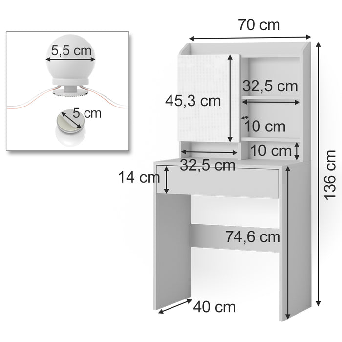 Vicco Tavolo da toeletta Bianco 70 cm con illuminazione a LED