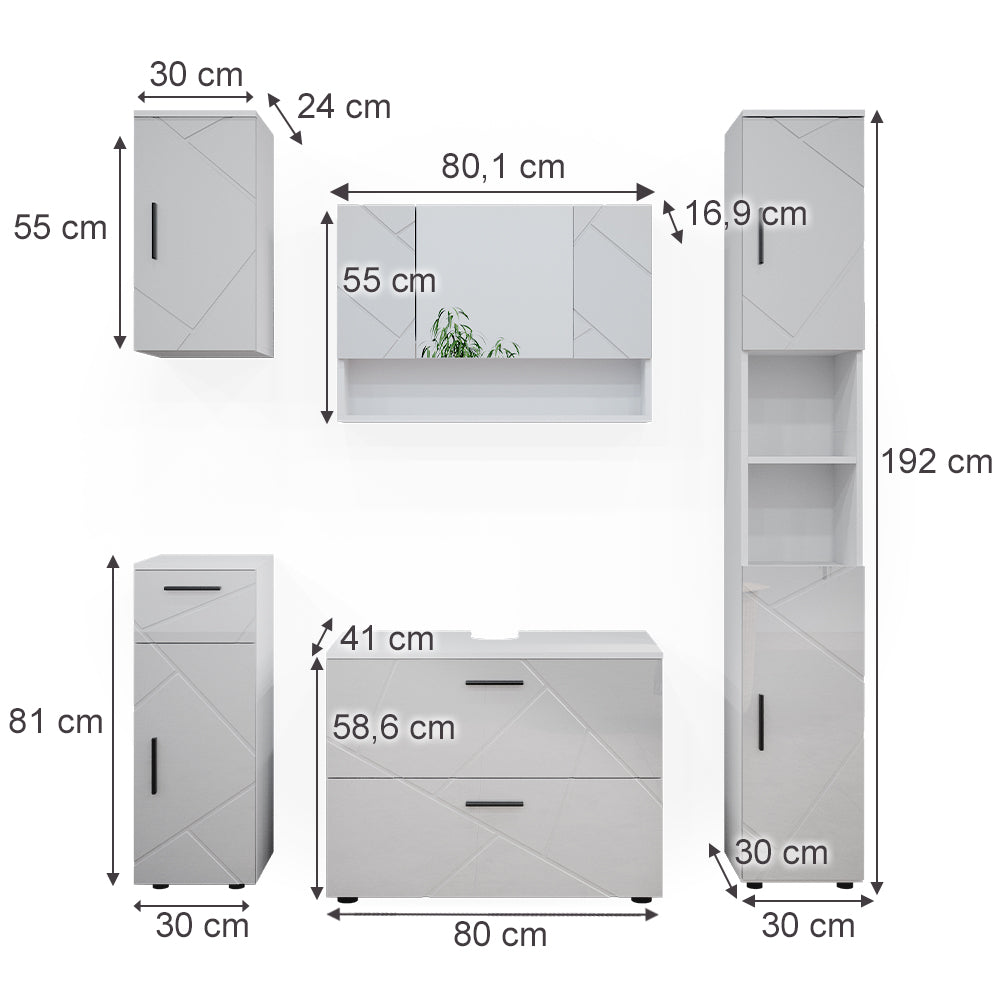 Vicco Set mobili bagno Bianco lucido 5 parti