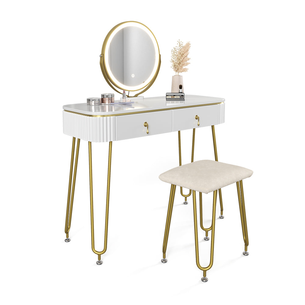 Vicco Tavolo da toeletta Bianco lucido 100 cm con illuminazione LED e sgabello