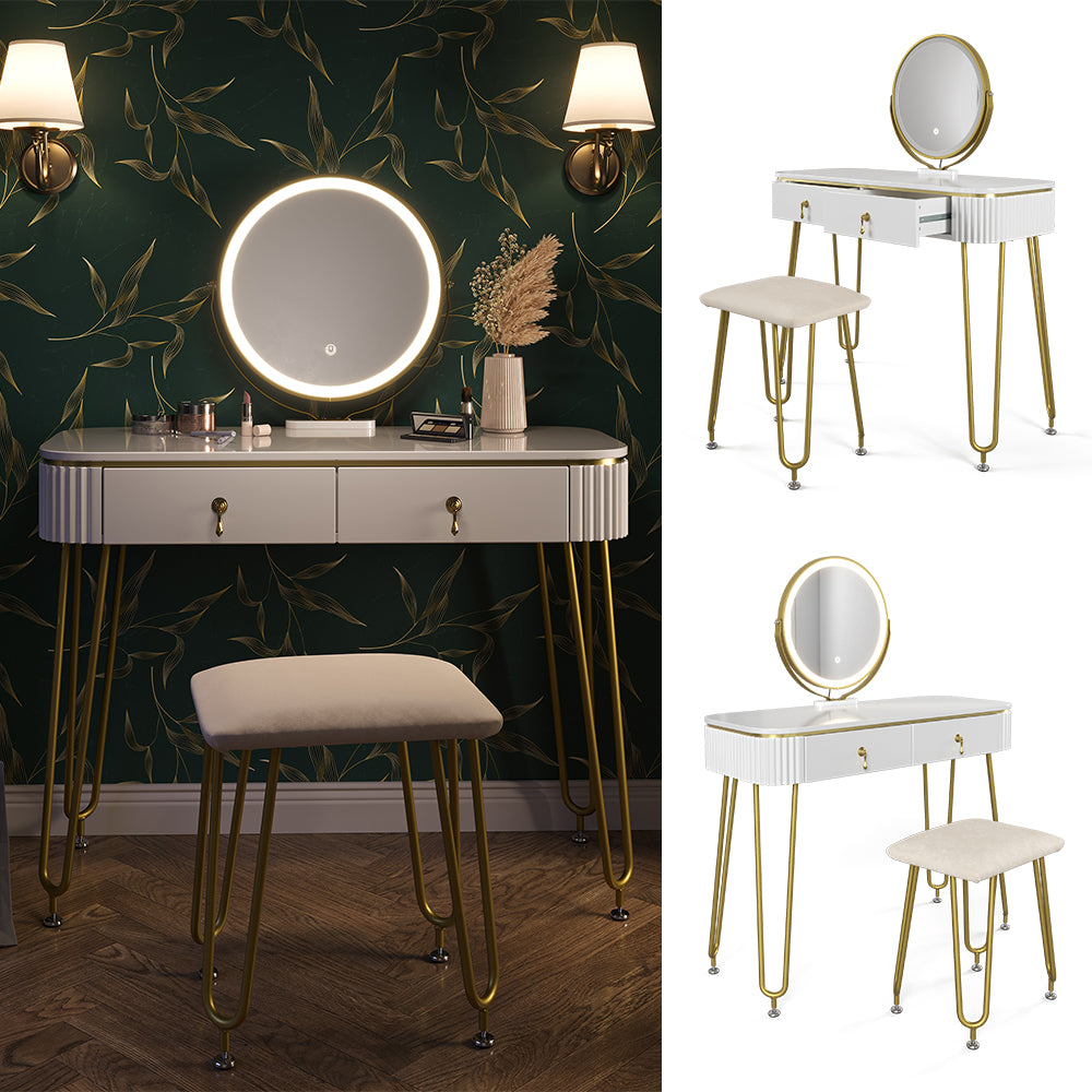 Vicco Tavolo da toeletta Bianco lucido 100 cm con illuminazione LED e sgabello