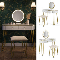 Vicco Tavolo da toeletta Bianco lucido 100 cm con illuminazione LED e sgabello