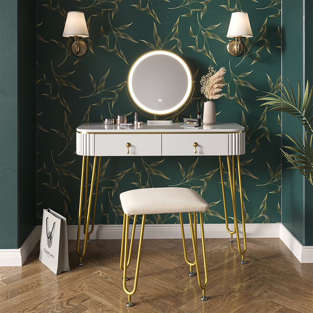 Vicco Tavolo da toeletta Bianco lucido 100 cm con illuminazione LED e sgabello