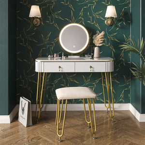 Vicco Tavolo da toeletta Bianco lucido 100 cm con illuminazione LED e sgabello